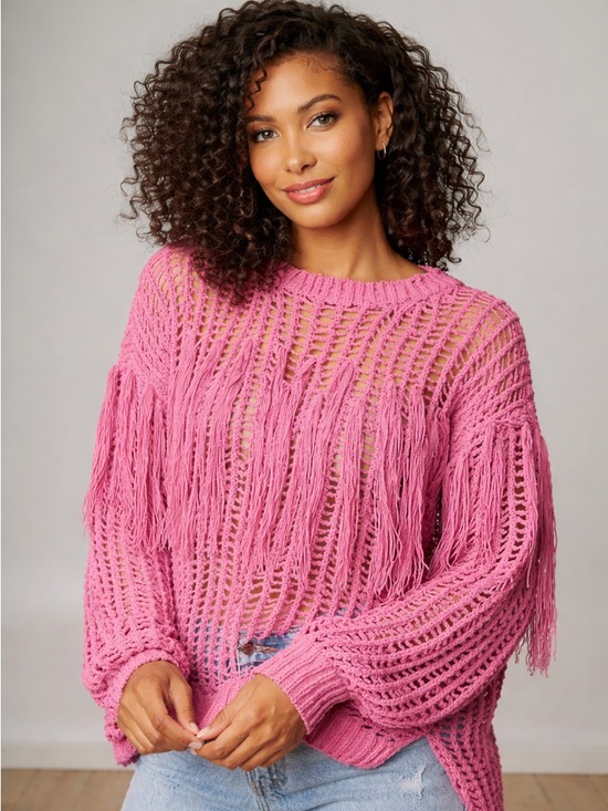 Fantastic Fawn Sweaters - Fantastic Fawn Open-Knit Fringe Sweater — Fuchsia Pink